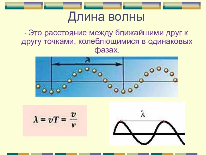 Длина волны Это расстояние между ближайшими друг к другу точками, колеблющимися в одинаковых фазах.