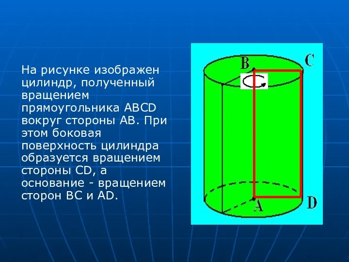 На рисунке изображен цилиндр, полученный вращением прямоугольника ABCD вокруг стороны AB. При этом