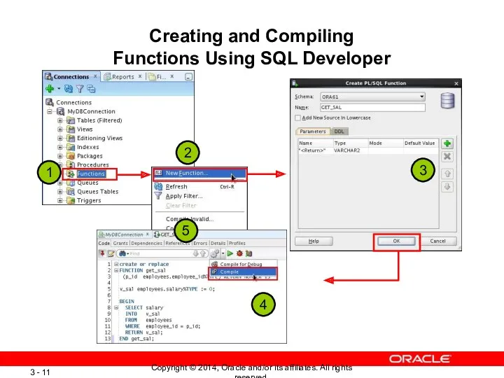 Creating and Compiling Functions Using SQL Developer 1 2 3 4 5