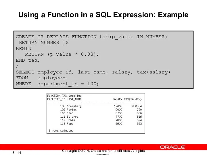 Using a Function in a SQL Expression: Example CREATE OR