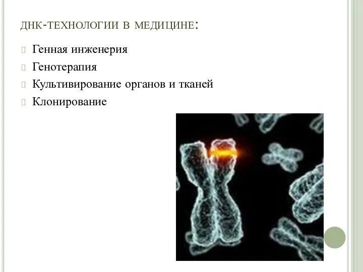 днк-технологии в медицине: Генная инженерия Генотерапия Культивирование органов и тканей Клонирование