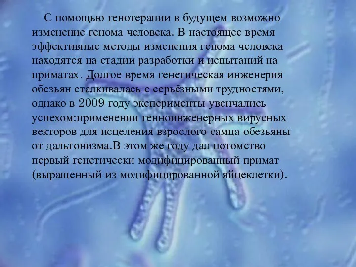 С помощью генотерапии в будущем возможно изменение генома человека. В