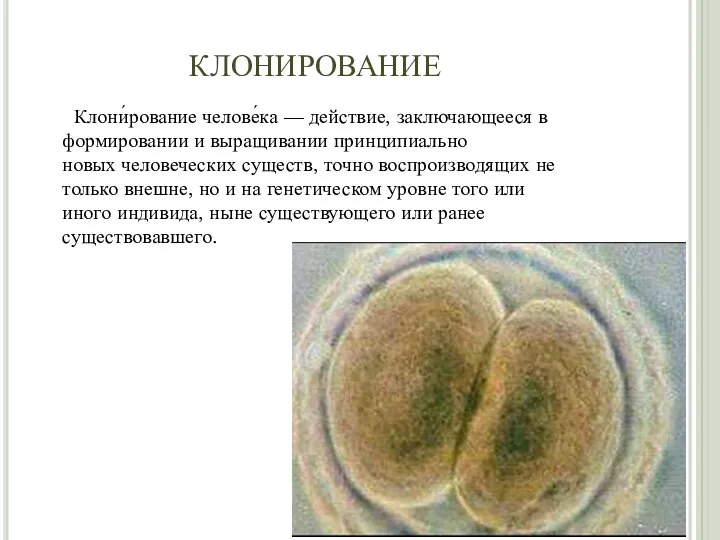 клонирование Клони́рование челове́ка — действие, заключающееся в формировании и выращивании