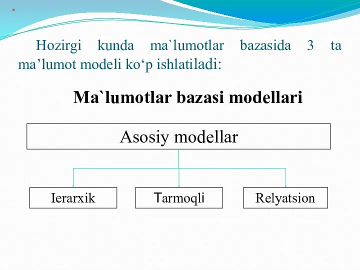 Hozirgi kunda ma`lumotlar bazasida 3 ta ma’lumot modeli ko‘p ishlatiladi: Ma`lumotlar bazasi modellari *