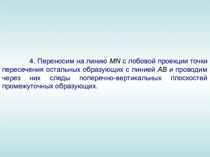 4. Переносим на линию MN c лобовой проекции точки пересечения