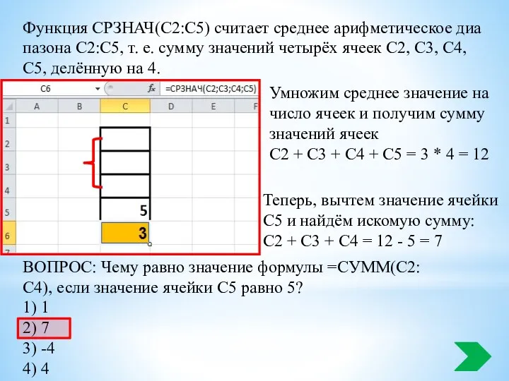 Функ­ция СРЗНАЧ(С2:С5) счи­та­ет сред­нее ариф­ме­ти­че­ское диа­па­зо­на С2:С5, т. е. сумму