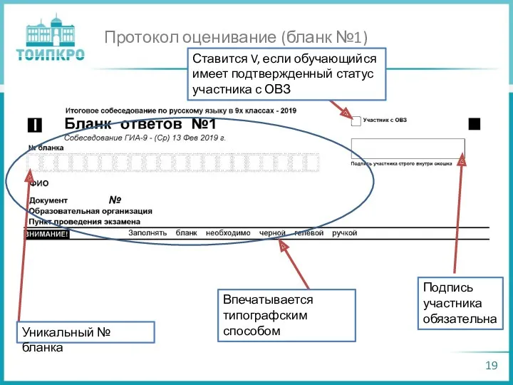 Протокол оценивание (бланк №1) Уникальный № бланка Подпись участника обязательна