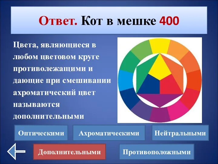 Цвета, являющиеся в любом цветовом круге противолежащими и дающие при