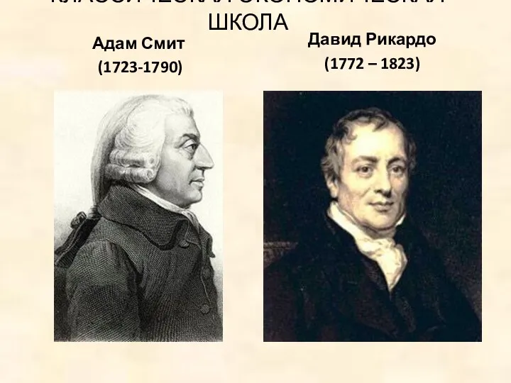 КЛАССИЧЕСКАЯ ЭКОНОМИЧЕСКАЯ ШКОЛА Адам Смит (1723-1790) Давид Рикардо (1772 – 1823)