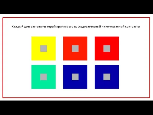 Каждый цвет заставляет серый принять его последовательный и симультанный контрасты
