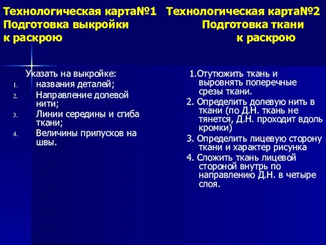 Технологическая карта№1 Технологическая карта№2 Подготовка выкройки Подготовка ткани к раскрою