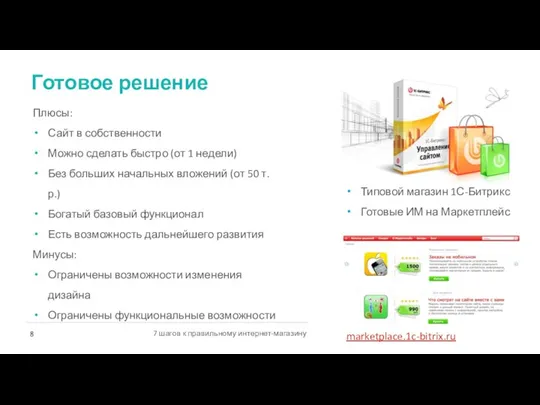 Готовое решение Плюсы: Сайт в собственности Можно сделать быстро (от 1 недели) Без