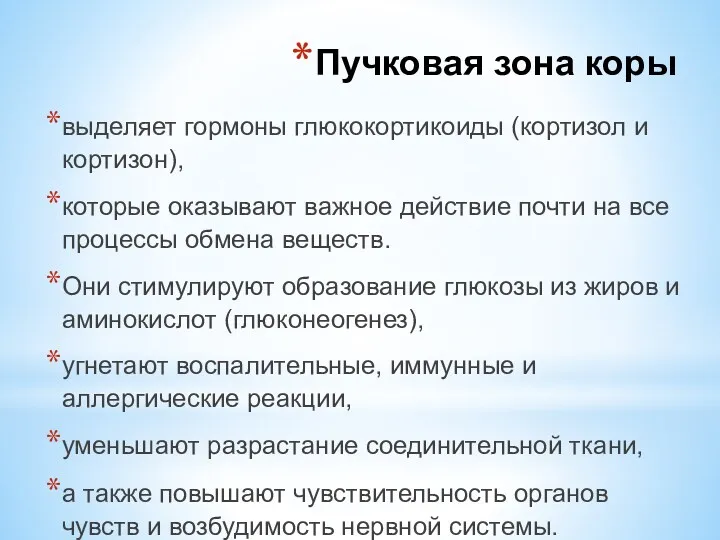 выделяет гормоны глюкокортикоиды (кортизол и кортизон), которые оказывают важное действие