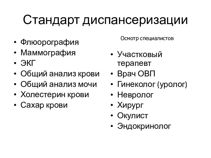 Стандарт диспансеризации Флюорография Маммография ЭКГ Общий анализ крови Общий анализ