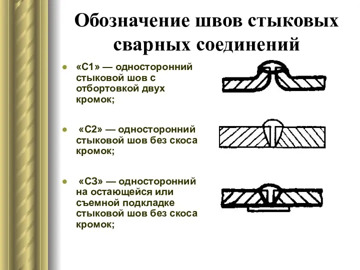 Обозначение швов стыковых сварных соединений «С1» — односторонний стыковой шов