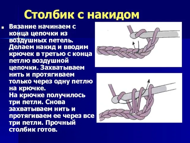 Столбик c накидом Вязание начинаем с конца цепочки из воздушных