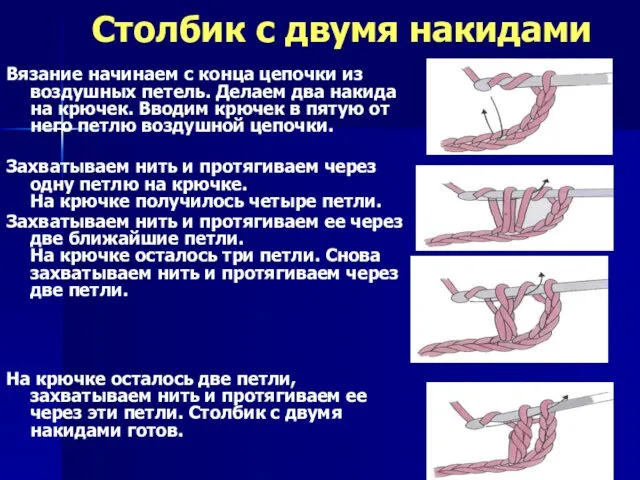 Столбик с двумя накидами Вязание начинаем с конца цепочки из