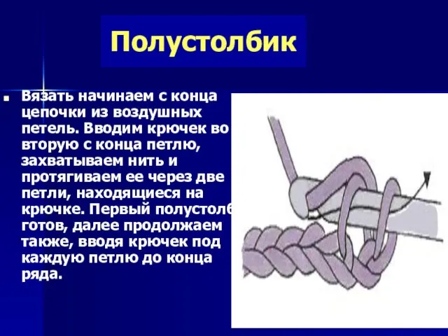 Полустолбик Вязать начинаем с конца цепочки из воздушных петель. Вводим