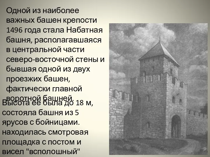Одной из наиболее важных башен крепости 1496 года стала Набатная