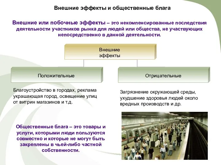 Внешние эффекты и общественные блага Внешние или побочные эффекты –