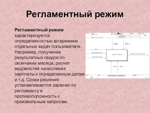 Регламентный режим Регламентный режим характеризуется определенностью во времени отдельных задач