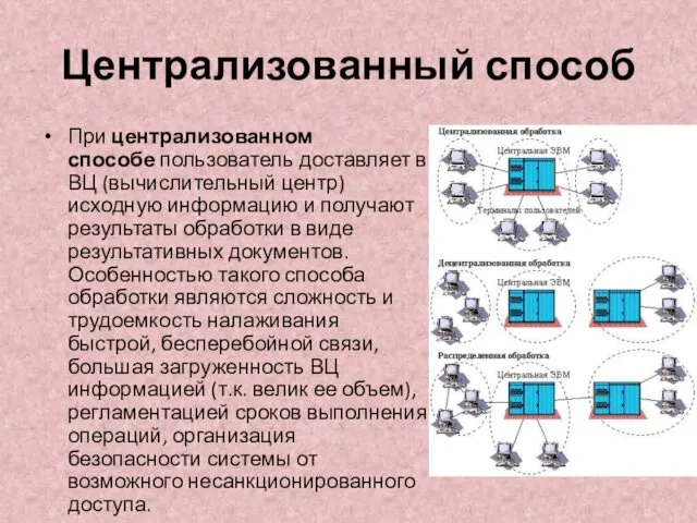 Централизованный способ При централизованном способе пользователь доставляет в ВЦ (вычислительный