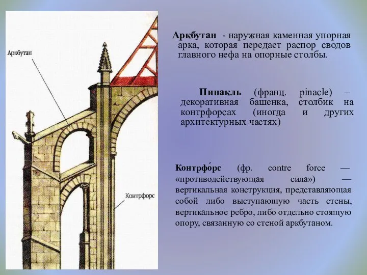 Аркбутан - наружная каменная упорная арка, которая передает распор сводов главного нефа на