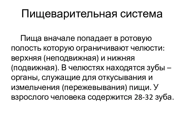 Пищеварительная система Пища вначале попадает в ротовую полость которую ограничивают