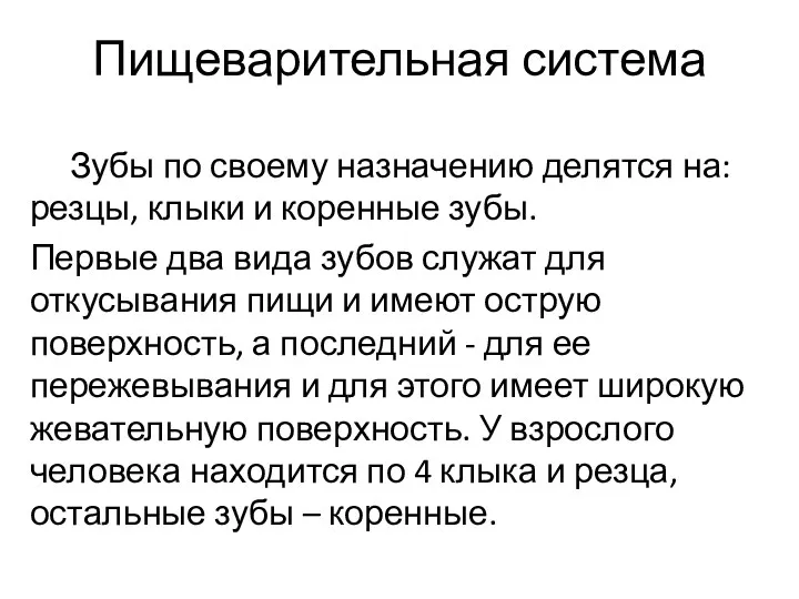 Пищеварительная система Зубы по своему назначению делятся на: резцы, клыки