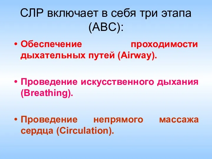 СЛР включает в себя три этапа (ABC): Обеспечение проходимости дыхательных путей (Airway). Проведение