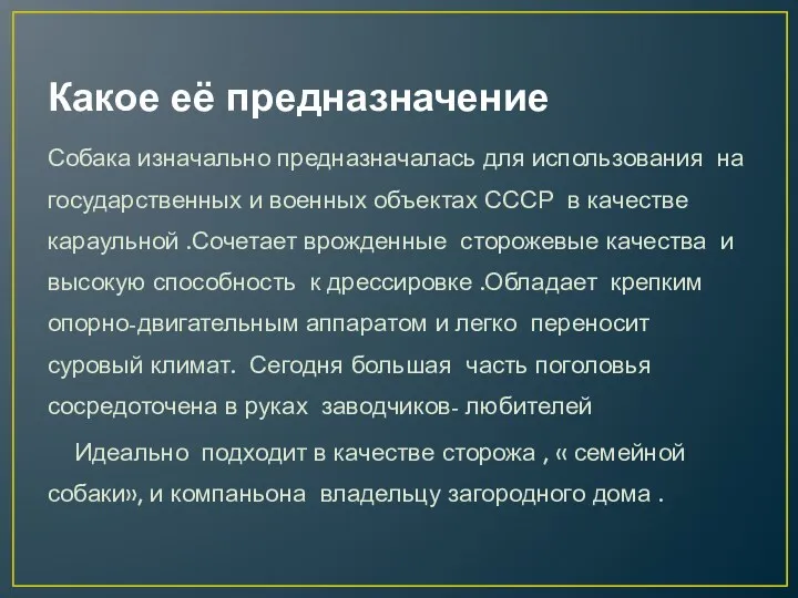 Какое её предназначение Собака изначально предназначалась для использования на государственных