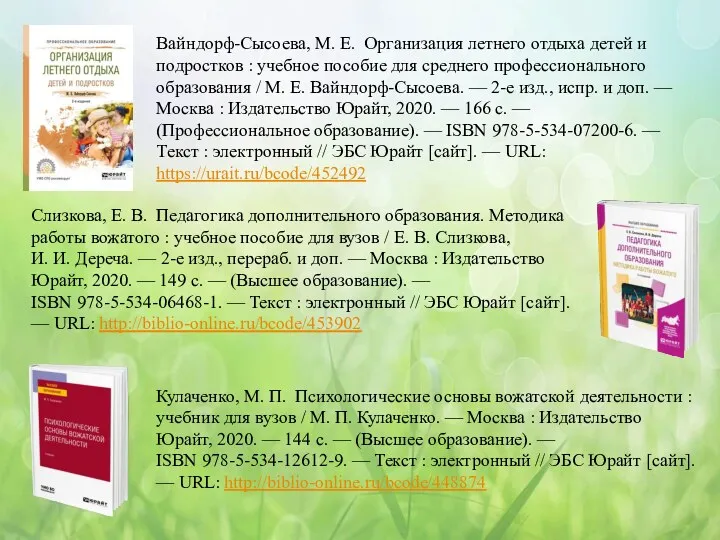 Вайндорф-Сысоева, М. Е. Организация летнего отдыха детей и подростков :