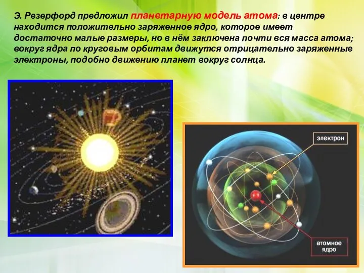 Э. Резерфорд предложил планетарную модель атома: в центре находится положительно