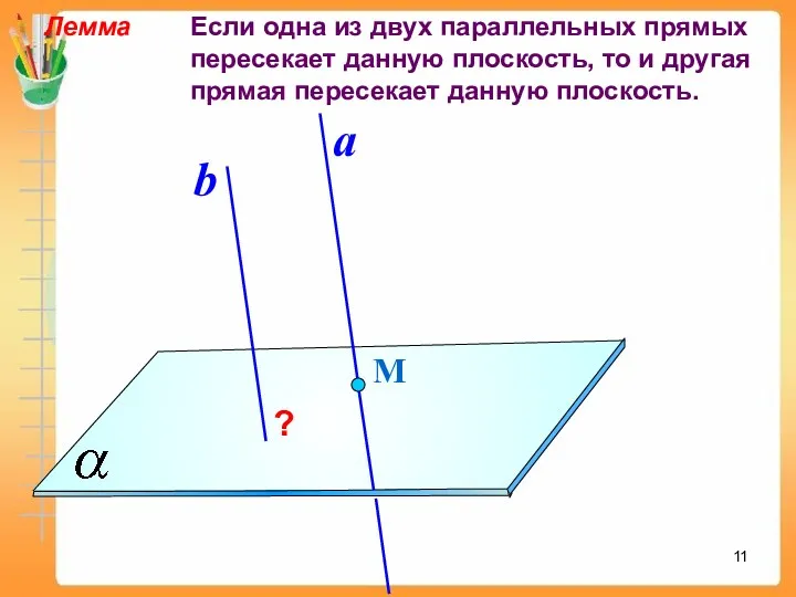 Лемма Если одна из двух параллельных прямых пересекает данную плоскость,