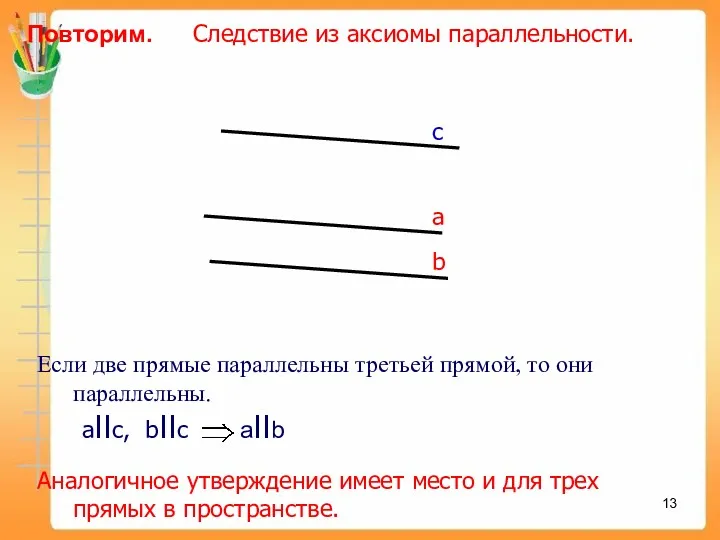 Повторим. Следствие из аксиомы параллельности. Аналогичное утверждение имеет место и для трех прямых в пространстве.