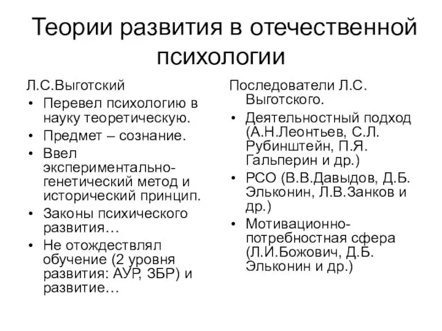 Теории развития в отечественной психологии Л.С.Выготский Перевел психологию в науку теоретическую. Предмет –