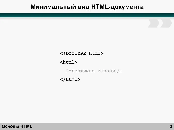 Минимальный вид HTML-документа Основы HTML Содержимое страницы