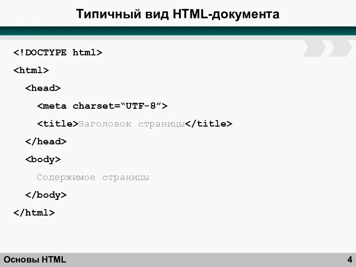 Типичный вид HTML-документа Основы HTML Заголовок страницы Содержимое страницы