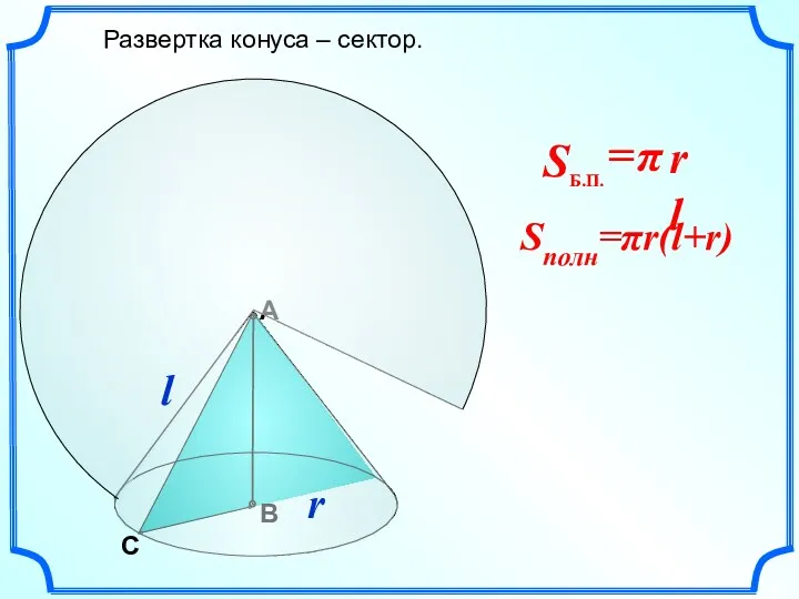 l r Развертка конуса – сектор. Sполн=πr(l+r)