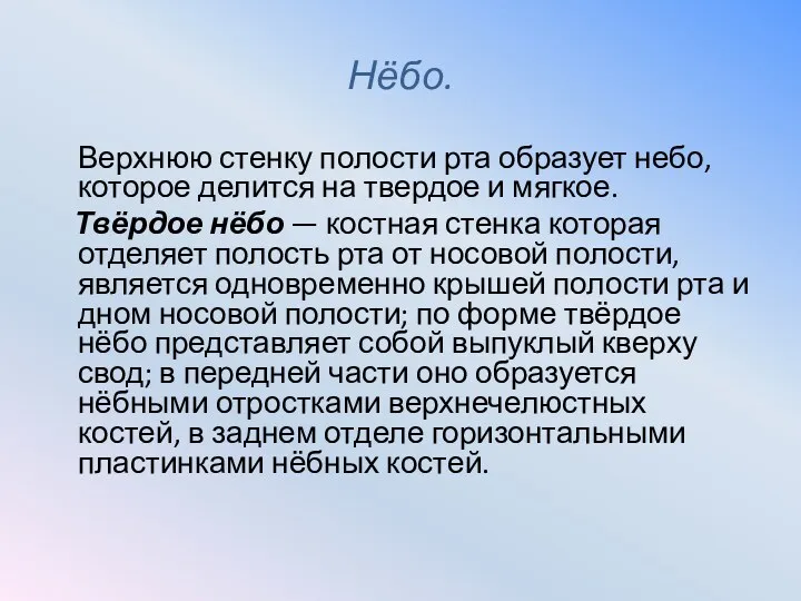 Нёбо. Верхнюю стенку полости рта образует небо, которое делится на