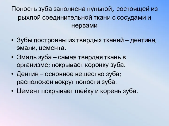 Полость зуба заполнена пульпой, состоящей из рыхлой соединительной ткани с