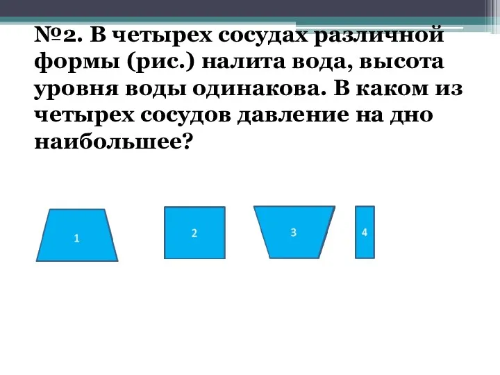 №2. В четырех сосудах различной формы (рис.) налита вода, высота