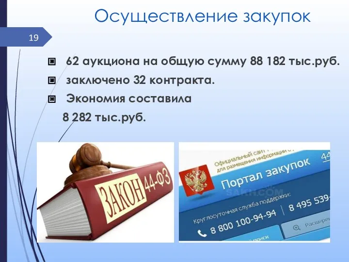 Осуществление закупок 62 аукциона на общую сумму 88 182 тыс.руб.