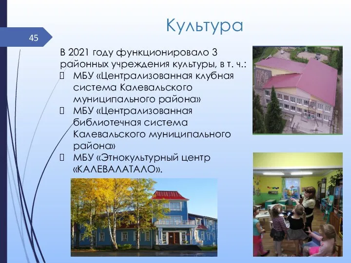 Культура В 2021 году функционировало 3 районных учреждения культуры, в