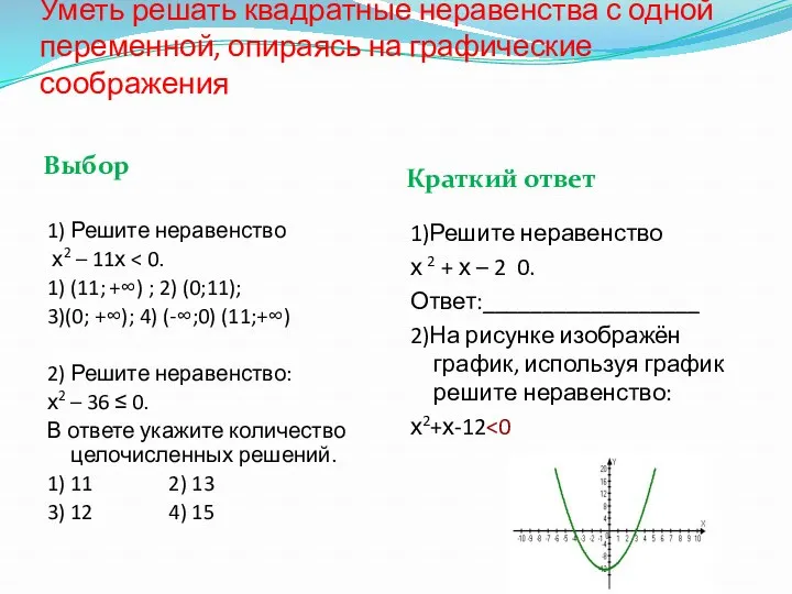 Уметь решать квадратные неравенства с одной переменной, опираясь на графические