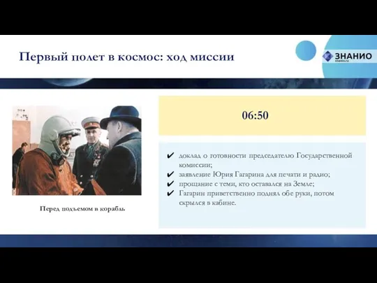 Первый полет в космос: ход миссии 06:50 доклад о готовности