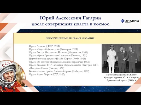 Юрий Алексеевич Гагарин после совершения полета в космос Орден Ленина