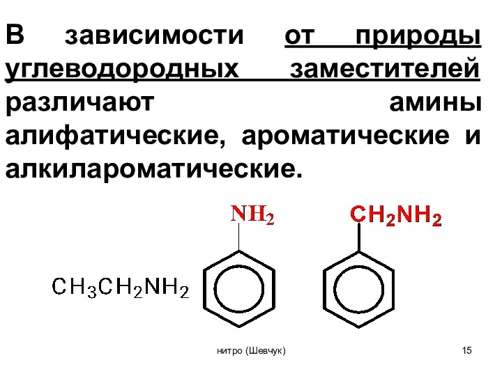В зависимости от природы углеводородных заместителей различают амины алифатические, ароматические и алкилароматические. нитро (Шевчук)