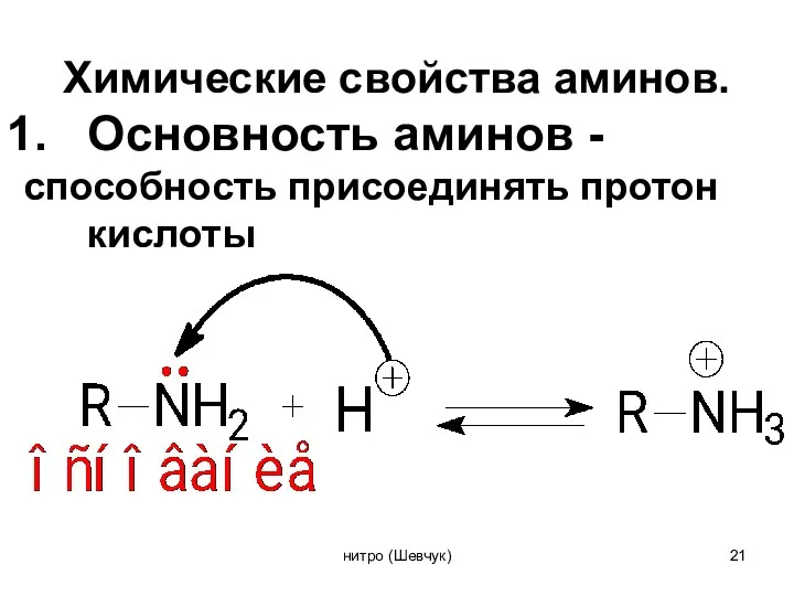 Химические свойства аминов. Основность аминов - способность присоединять протон кислоты нитро (Шевчук)