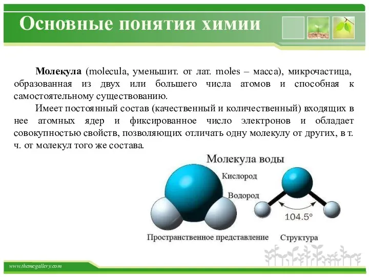 Основные понятия химии Молекула (molecula, уменьшит. от лат. moles –